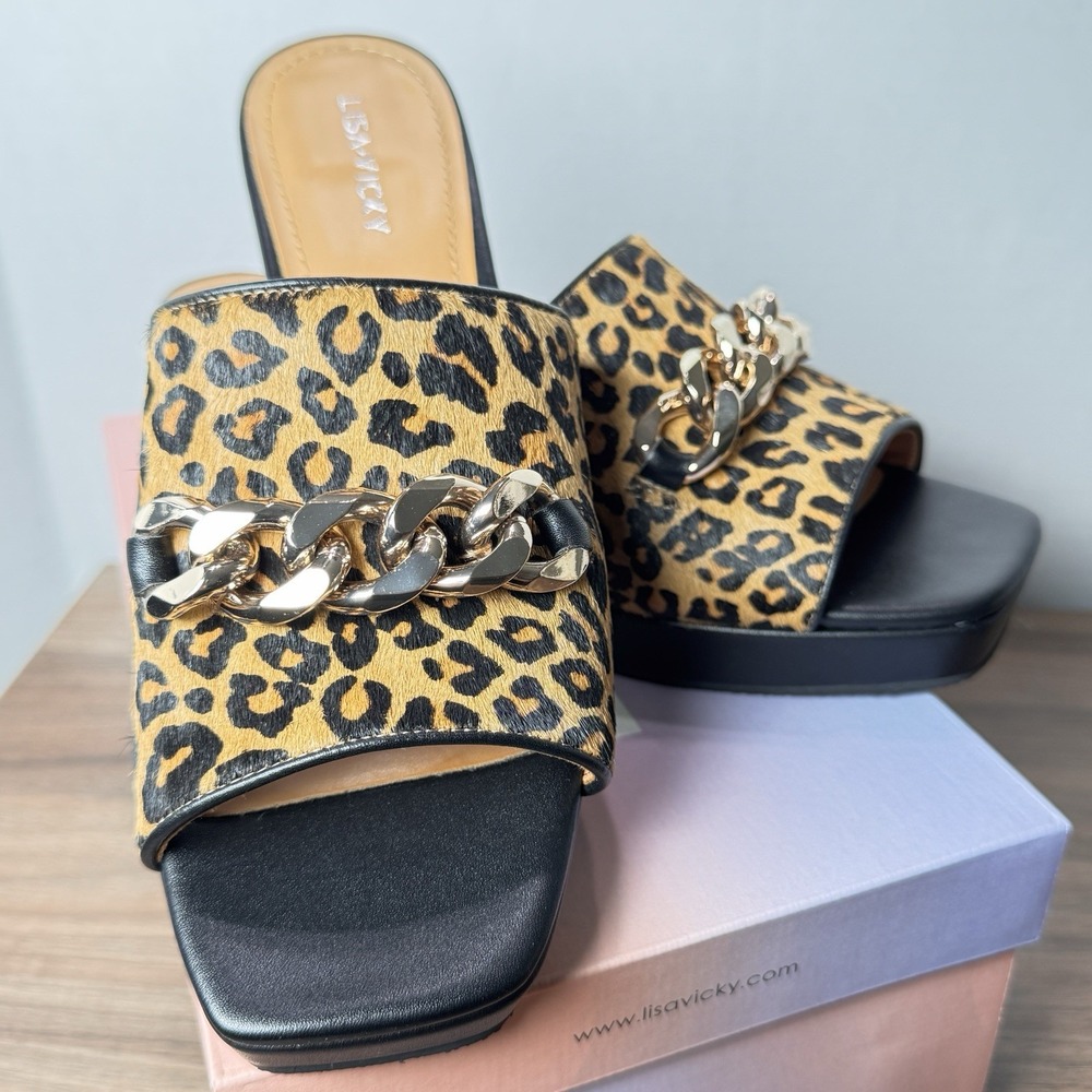 Lisa Vicky Magnetic3V Cognac Leopard Slip On Heel Sandal Gold Chain 8M New